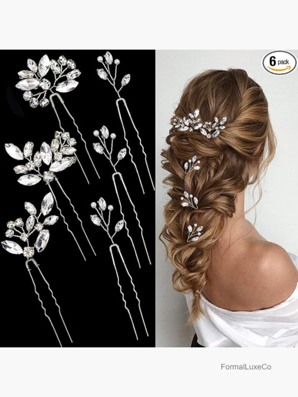 6pcs Rhinestone Hair Pins for Bride Crystal Wedding Hair Piece